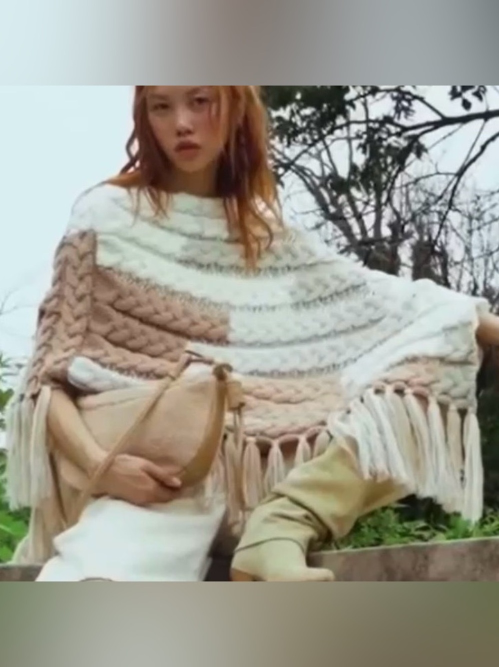 Free People Cable Knit Fringe Poncho O/S Ivory Tan Crochet Pullover Boho Sweater
